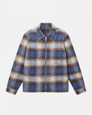 Stüssy Brushed Wool Plaid Zip Shirt Long Sleeve Shirt Blue | RXJ-897512