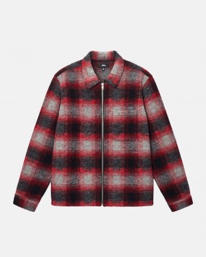 Stüssy Brushed Wool Plaid Zip Shirt Long Sleeve Shirt Red | YQL-736901