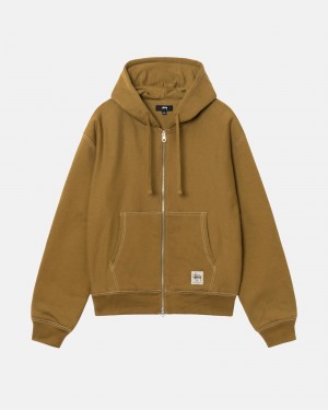 Stüssy Double Face Label Zip Hoodie Long Sleeve Sweatshirt Olive | HMI-342589