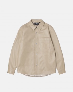 Stüssy Leather Overshirt Long Sleeve Shirt Natural | HVW-453187