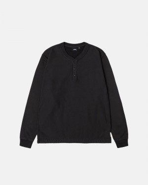 Stüssy Open Hem Henley Fleece Long Sleeve Sweatshirt Black | XKF-389712