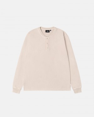 Stüssy Open Hem Henley Fleece Long Sleeve Sweatshirt Natural | PCO-583069