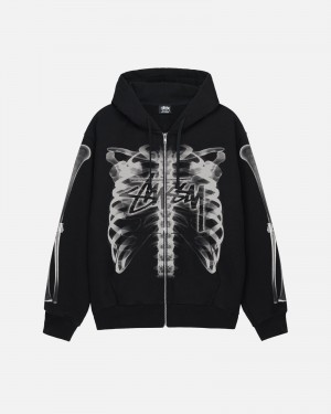 Stüssy Rib Cage Zip Hood Long Sleeve Sweatshirt Black White | CRW-354281