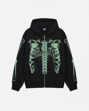 Stüssy Rib Cage Zip Hood Long Sleeve Sweatshirt Black Green | VGA-630895