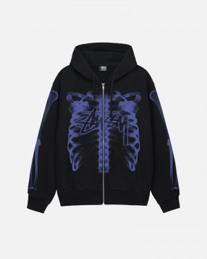 Stüssy Rib Cage Zip Hood Long Sleeve Sweatshirt Black Purple | GIN-654107