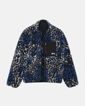 Stüssy Sherpa Reversible Jacket Long Sleeve Sweatshirt Blue Leopard | AWZ-345271