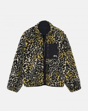 Stüssy Sherpa Reversible Jacket Long Sleeve Sweatshirt Yellow Leopard | DOS-526931