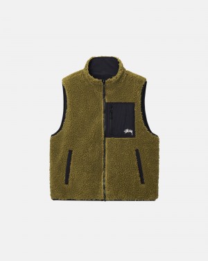 Stüssy Sherpa Reversible Vest Sleeveless Sweatshirt Olive | AYC-306875