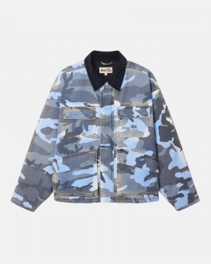 Stüssy Shop Jacket Spray Dye Canvas Long Sleeve Outerwear Blue Camo | MPI-897415