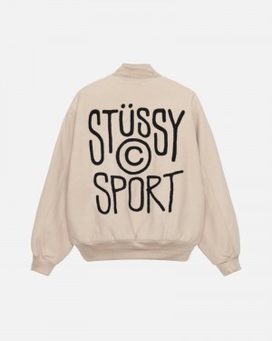 Stüssy Sport Melton Varsity Jacket Long Sleeve Outerwear Oatmeal | STZ-430961