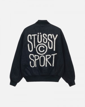 Stüssy Sport Melton Varsity Jacket Long Sleeve Outerwear Black | DLJ-065294