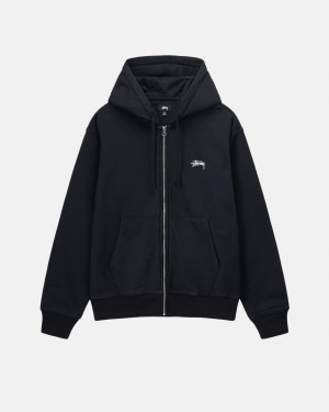 Stüssy Stock Logo Zip Hoodie Long Sleeve Sweatshirt Washed Black | OGQ-896752