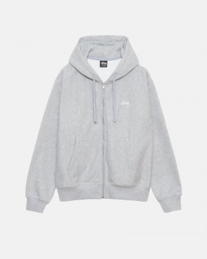 Stüssy Stock Logo Zip Hoodie Long Sleeve Sweatshirt Grey Heather | SLO-032619