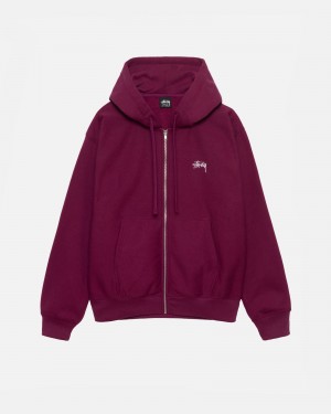 Stüssy Stock Logo Zip Hoodie Long Sleeve Sweatshirt Burgundy | WUZ-758234