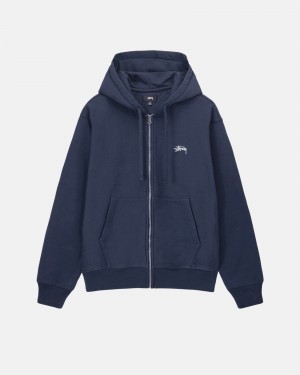 Stüssy Stock Logo Zip Hoodie Long Sleeve Sweatshirt Navy | NRF-976821