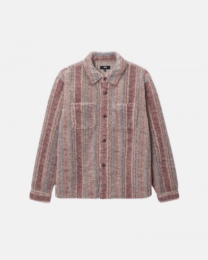 Stüssy Striped Sherpa Shirt Long Sleeve Shirt Berry | QRJ-054268