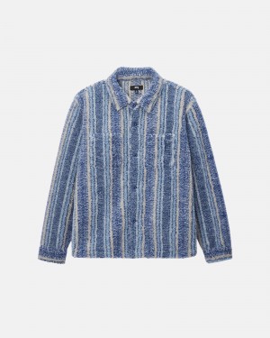 Stüssy Striped Sherpa Shirt Long Sleeve Shirt Indigo | KZV-725316