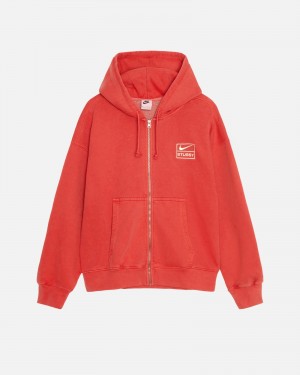 Stüssy & Nike Pigment Dyed Fleece Zip Hoodie Long Sleeve Sweatshirt Habanero Red | OBG-860315