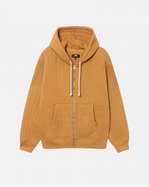 Stüssy Vertical Quilted Zip Hoodie Long Sleeve Sweatshirt Tan | LDF-451027