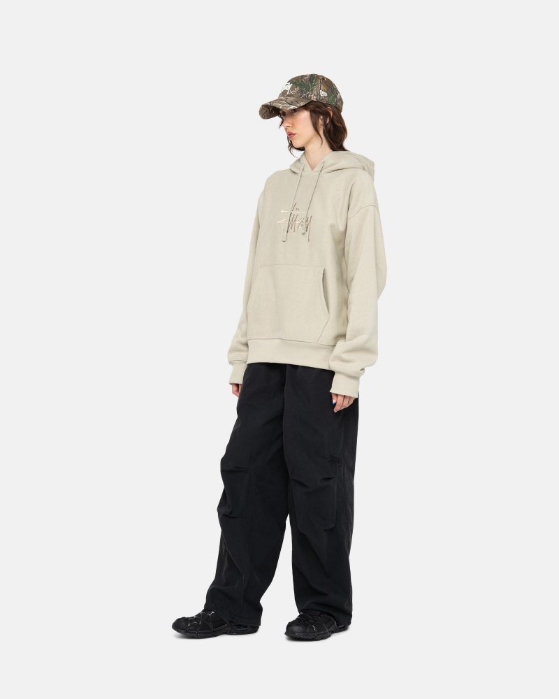 Stüssy Basic Applique Hood Long Sleeve Sweatshirt Khaki | QUW-437018