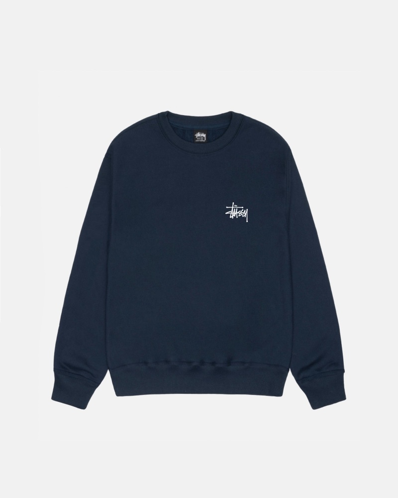 Stüssy Basic Stüssy Crew Long Sleeve Sweatshirt Navy | GVO-831425