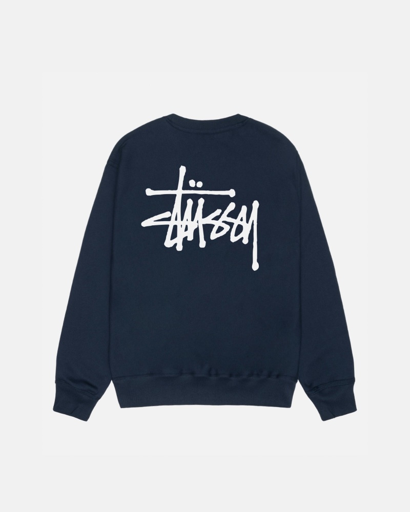 Stüssy Basic Stüssy Crew Long Sleeve Sweatshirt Navy | GVO-831425