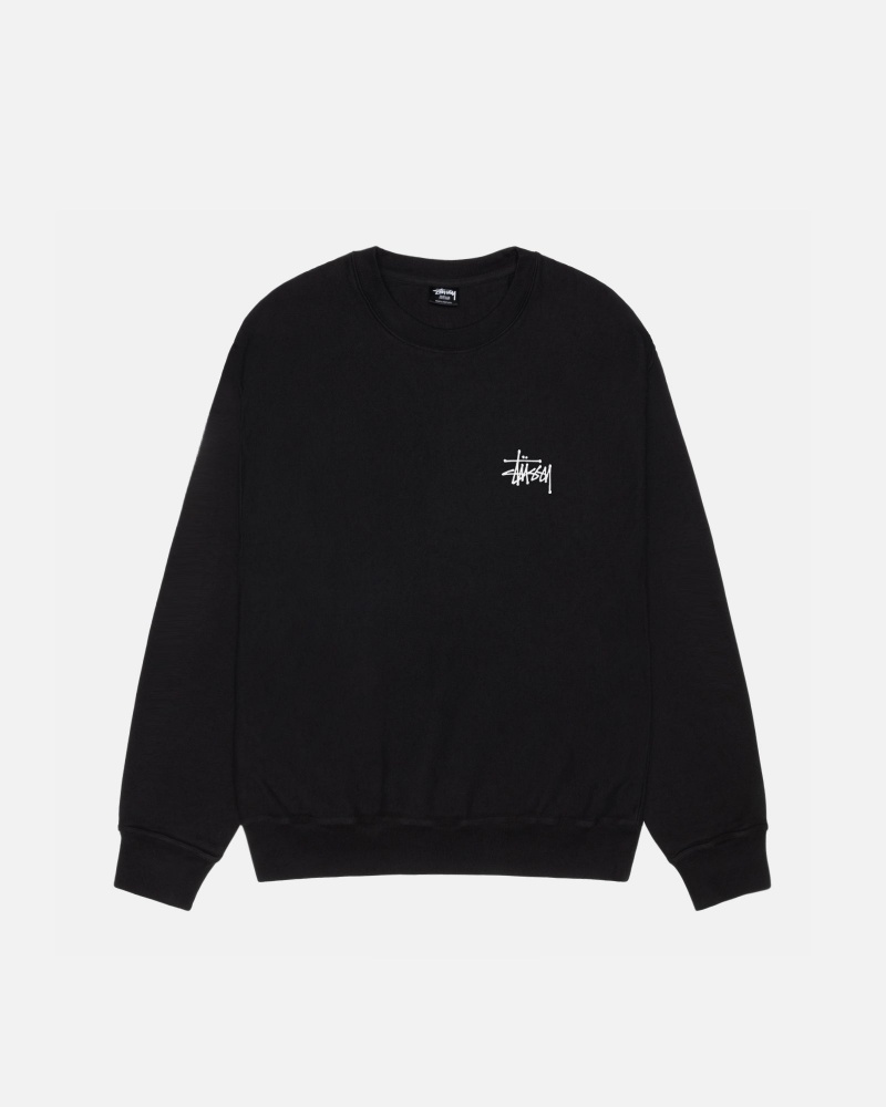 Stüssy Basic Stussy Crew Pigment Dyed Long Sleeve Sweatshirt Black | OTK-108532