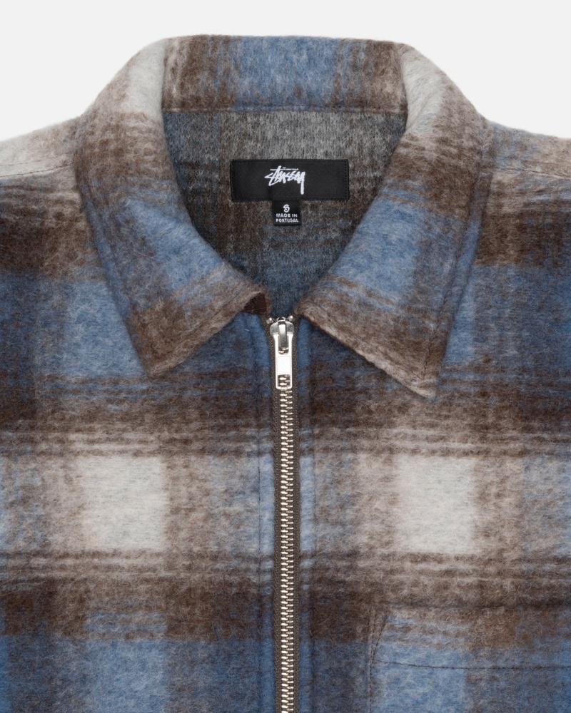 Stüssy Brushed Wool Plaid Zip Shirt Long Sleeve Shirt Blue | RXJ-897512