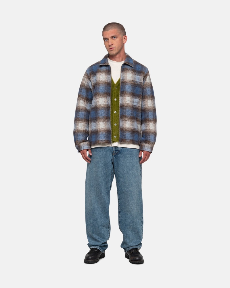 Stüssy Brushed Wool Plaid Zip Shirt Long Sleeve Shirt Blue | RXJ-897512