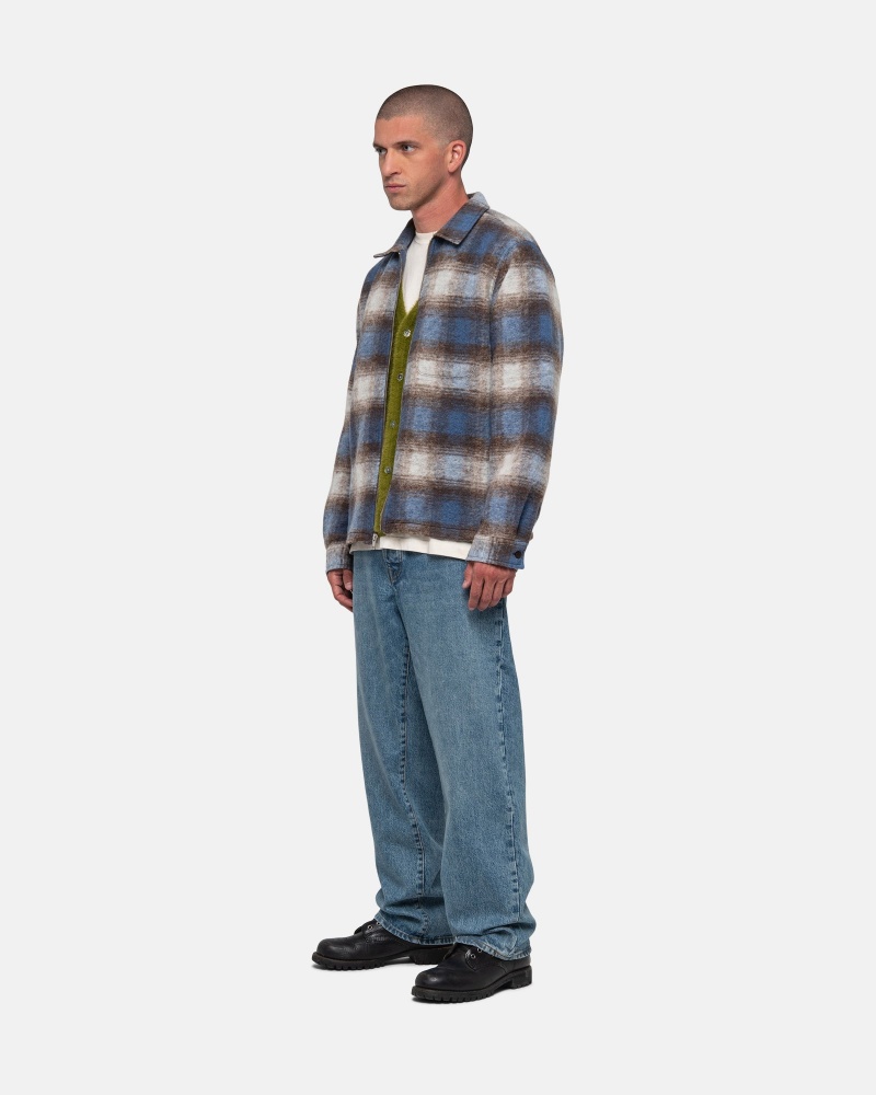 Stüssy Brushed Wool Plaid Zip Shirt Long Sleeve Shirt Blue | RXJ-897512