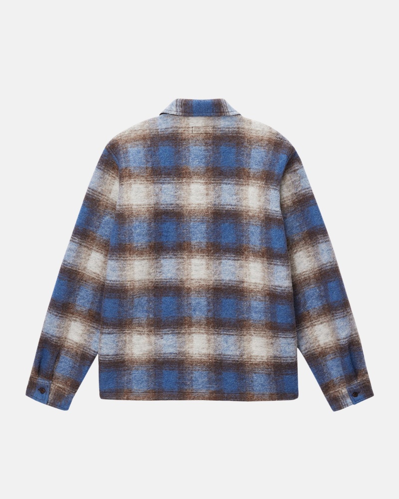 Stüssy Brushed Wool Plaid Zip Shirt Long Sleeve Shirt Blue | RXJ-897512