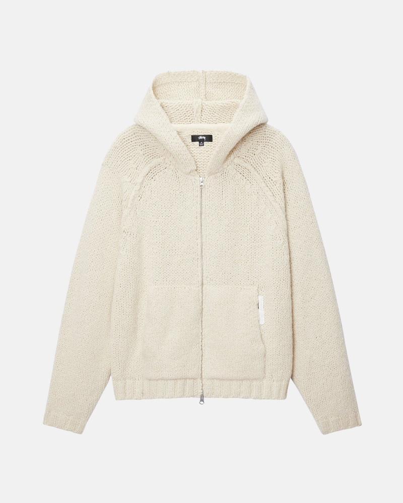 Stüssy Chunky Knit Zip Hoodie Long Sleeve Sweater Ivory | WTU-328714