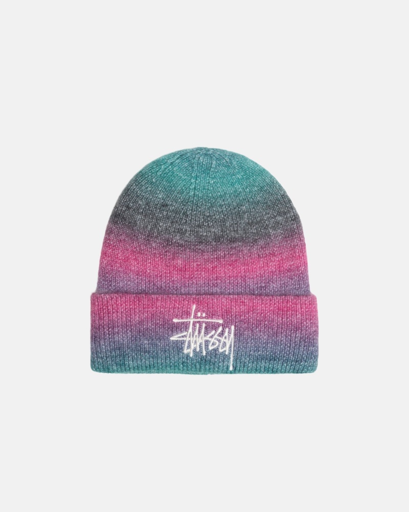 Stüssy Cuff Beanie Spray Stripe Beanie Teal Multi | KMB-503984