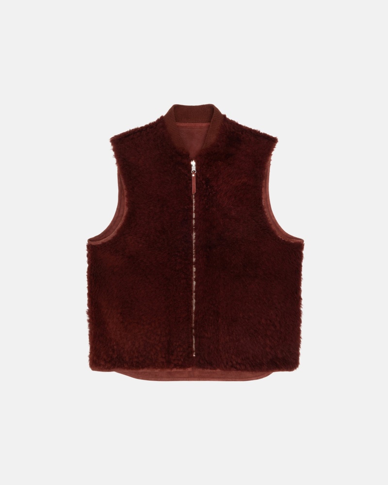 Stüssy Reversible Shearling Workgear Vest Sleeveless Outerwear Burgundy | XJT-482603