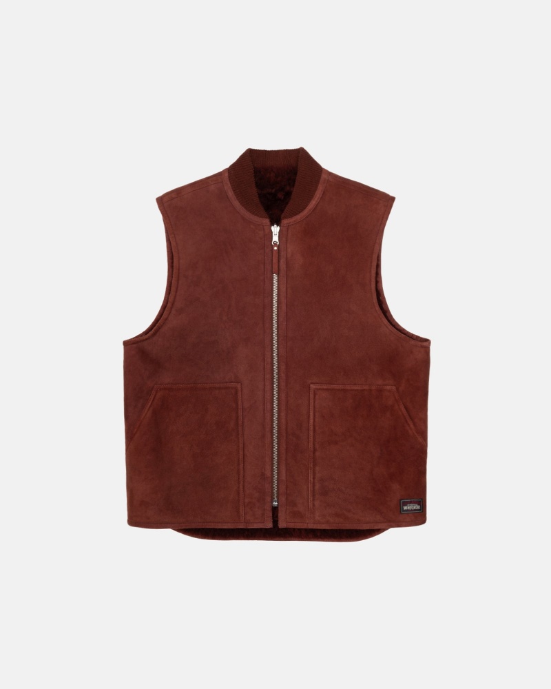 Stüssy Reversible Shearling Workgear Vest Sleeveless Outerwear Burgundy | XJT-482603