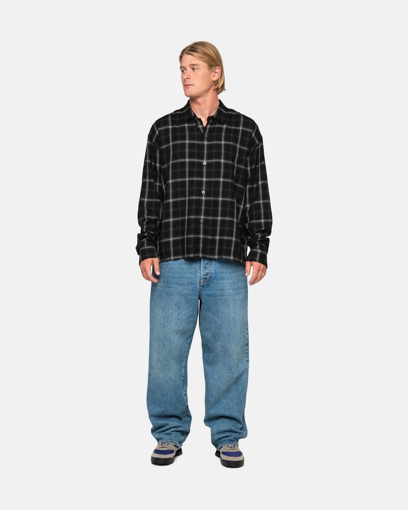 Stüssy Shadow Plaid Rayon Shirt Long Sleeve Shirt Black | CVA-046925