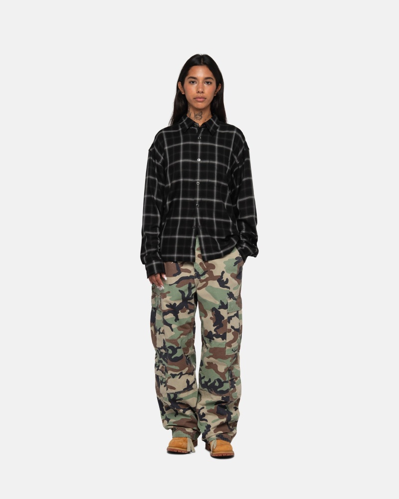 Stüssy Shadow Plaid Rayon Shirt Long Sleeve Shirt Black | CVA-046925