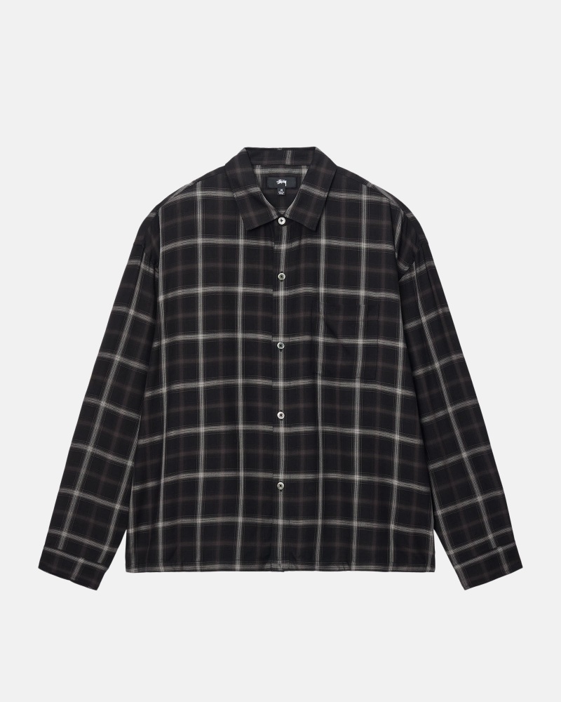 Stüssy Shadow Plaid Rayon Shirt Long Sleeve Shirt Black | CVA-046925