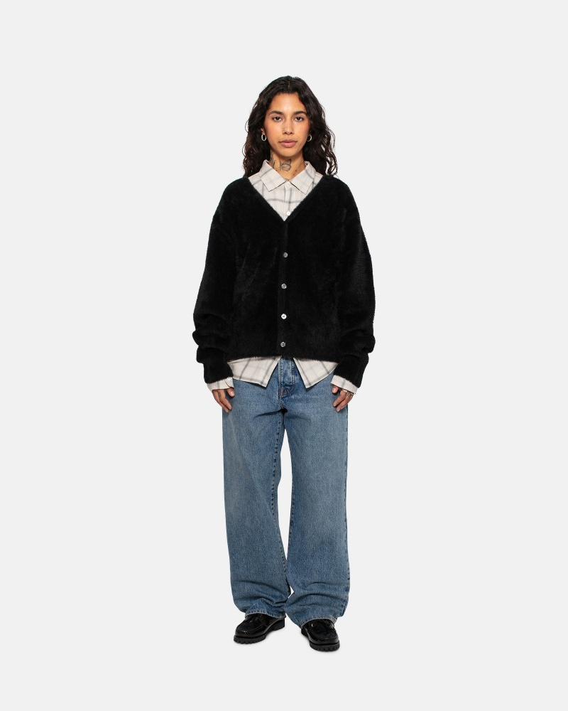 Stüssy Shaggy Cardigan Long Sleeve Sweater Black | PCN-169725