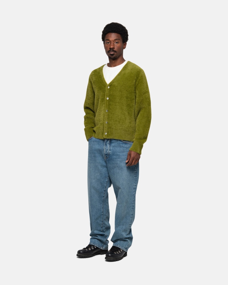 Stüssy Shaggy Cardigan Long Sleeve Sweater Olive | MBO-096321