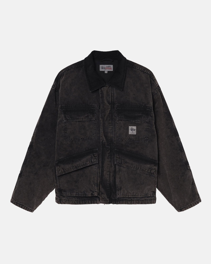 Stüssy Shop Jacket Washed Canvas Long Sleeve Outerwear Black | XUG-148259