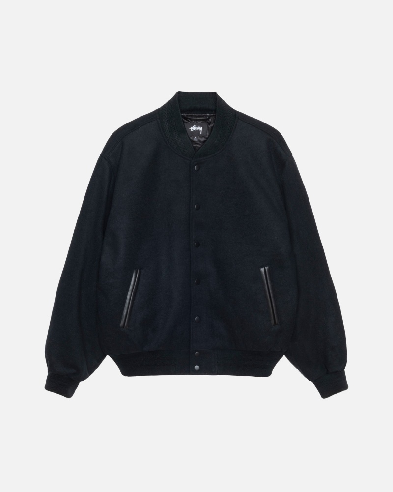 Stüssy Sport Melton Varsity Jacket Long Sleeve Outerwear Black | DLJ-065294