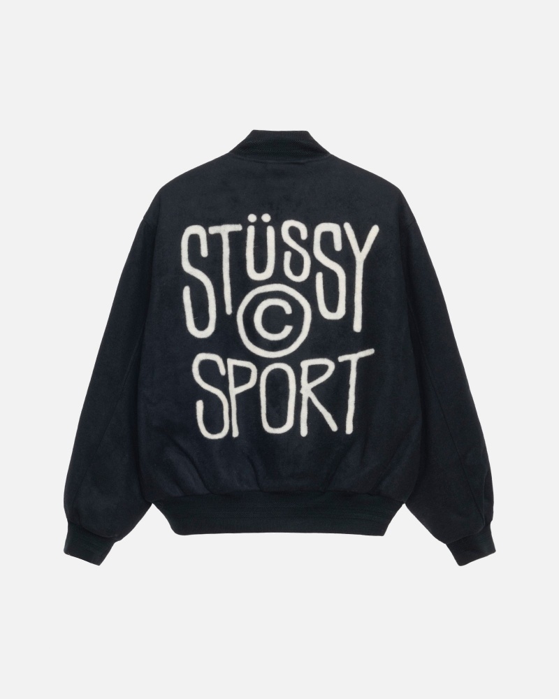 Stüssy Sport Melton Varsity Jacket Long Sleeve Outerwear Black | DLJ-065294