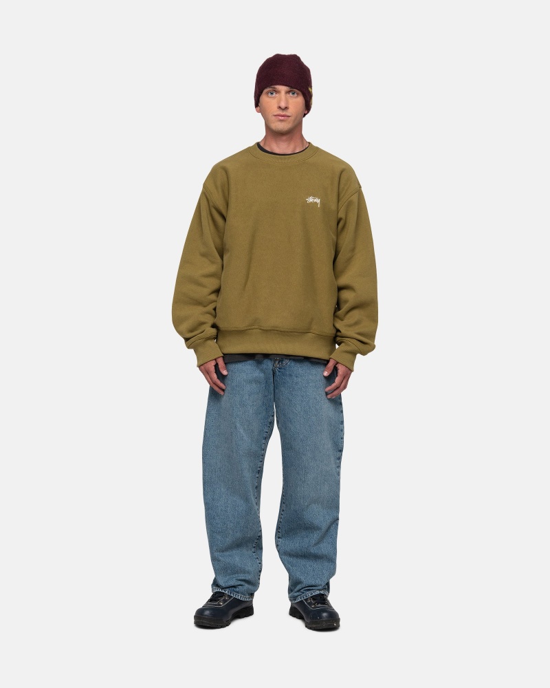 Stüssy Stock Logo Crew Long Sleeve Sweatshirt Olive | OHE-605913 