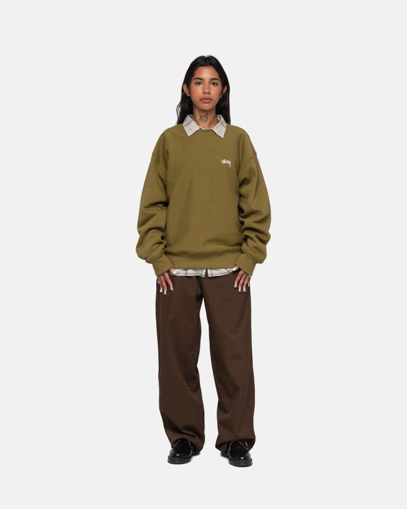 Stüssy Stock Logo Crew Long Sleeve Sweatshirt Olive | OHE-605913 