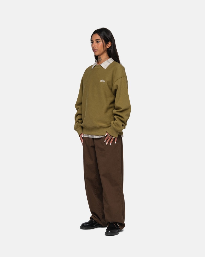 Stüssy Stock Logo Crew Long Sleeve Sweatshirt Olive | OHE-605913 