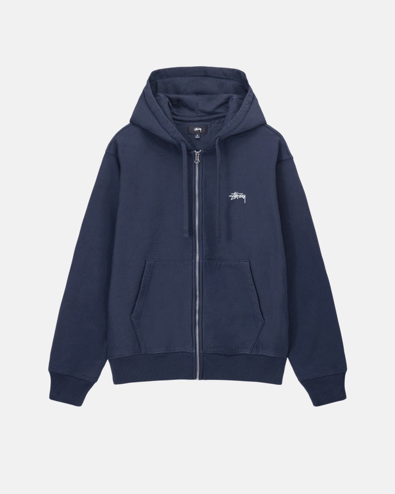 Stüssy Stock Logo Zip Hoodie Long Sleeve Sweatshirt Navy | JAC-029561