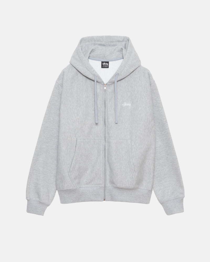 Stüssy Stock Logo Zip Hoodie Long Sleeve Sweatshirt Grey Heather | SLO-032619