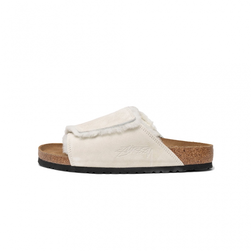 Stüssy & Birkenstock Solana Shearling Slide Shoes Bone | KYD-081532