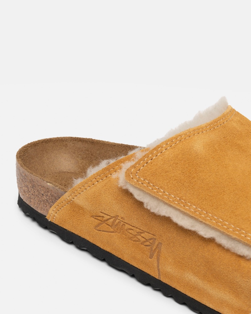 Stüssy & Birkenstock Solana Shearling Slide Shoes Caramel | DVA-587349